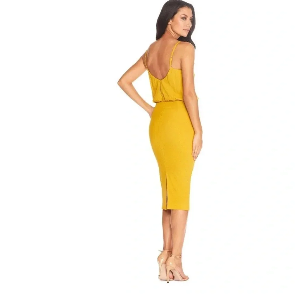 DRESS THE POPULATION Alondra‎ Blouson Sheath Dress in Marigold Size X-Small